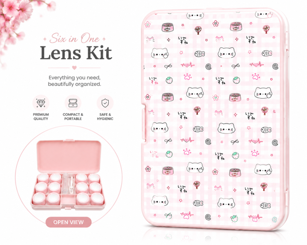 Pink Kitty Pattern 6-in-1 Premium Contact Lens Kit Box