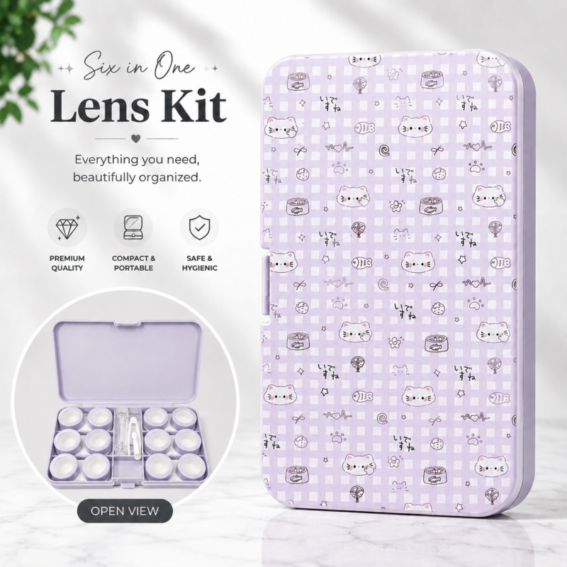 Lavender Kitty Pattern 6-in-1 Premium Contact Lens Kit Box