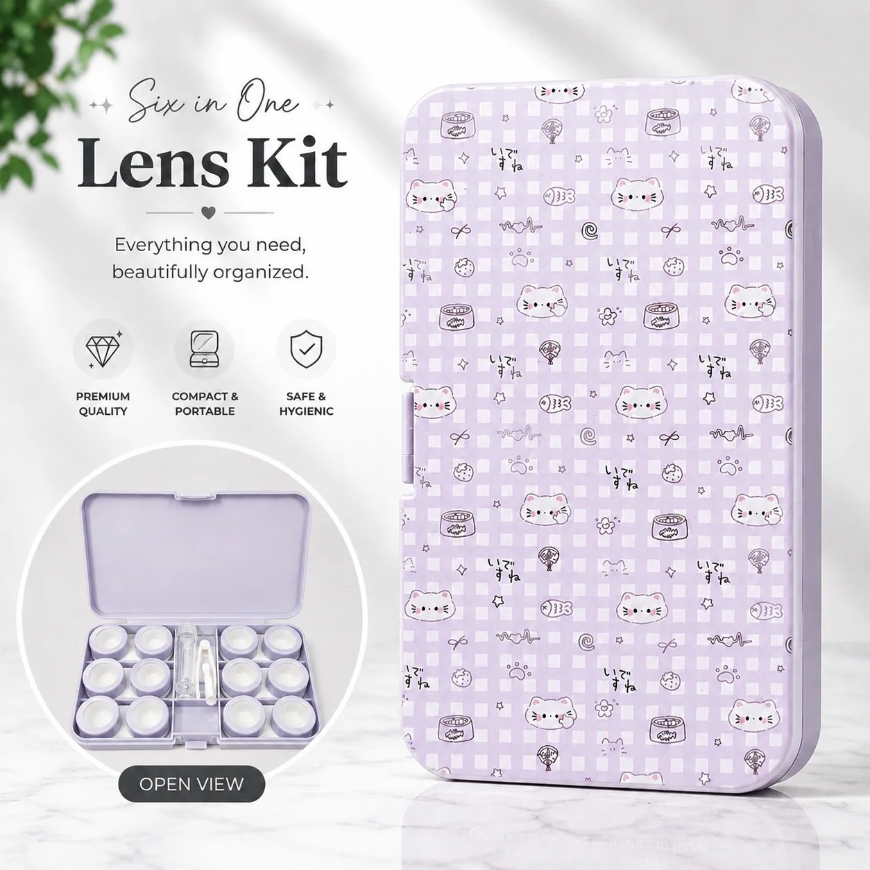 Lavender Kitty Pattern 6-in-1 Premium Contact Lens Kit Box